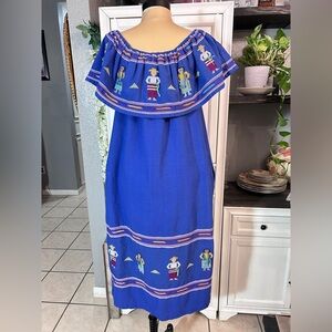 Royal Blue Off the Shoulders Maxi Dress Embroidered Mexicana Style MEDIUM‎